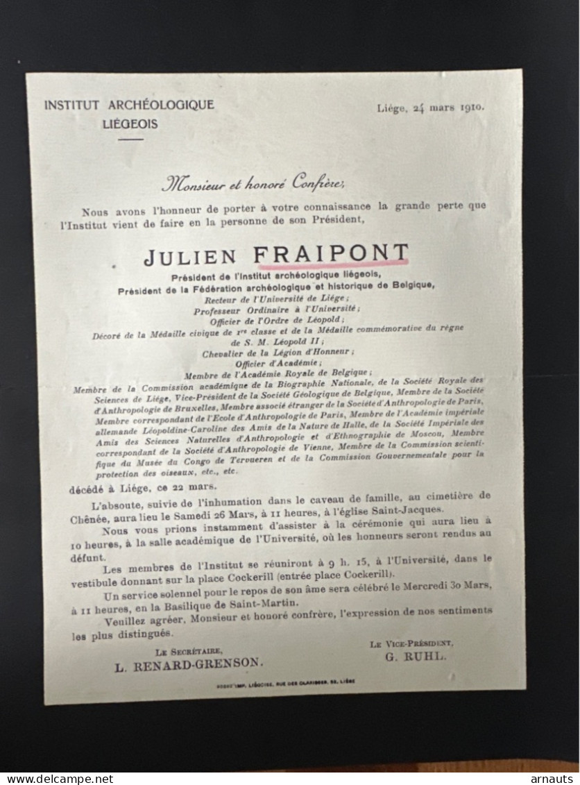 Institut Archeologique Liégeois President Julien Fraipont Recteur Université Liege +1910 Liege Par Ruhl Renard Grenson - Todesanzeige