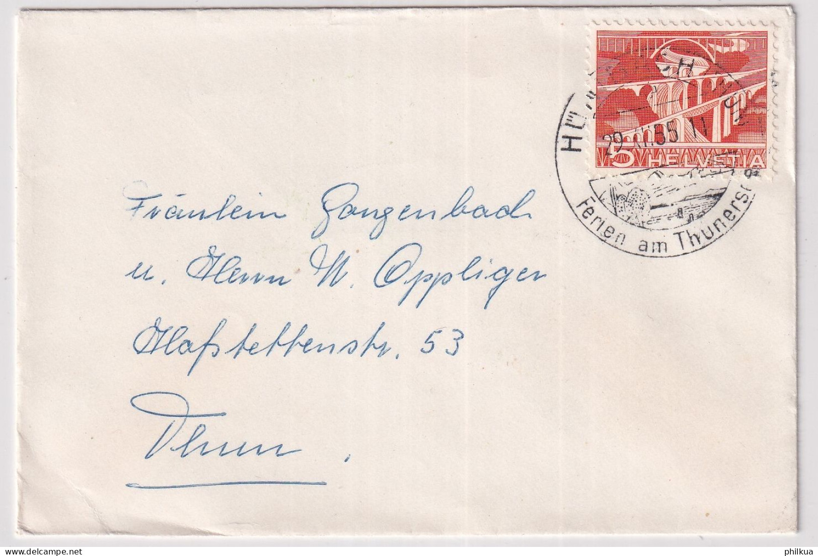Zumst. 298 / Mi. 530 Auf Damenbriefchen Mit Ortswerbestempel HÜNIBACH (THUN) Ferien Am Thunersee - Storia Postale