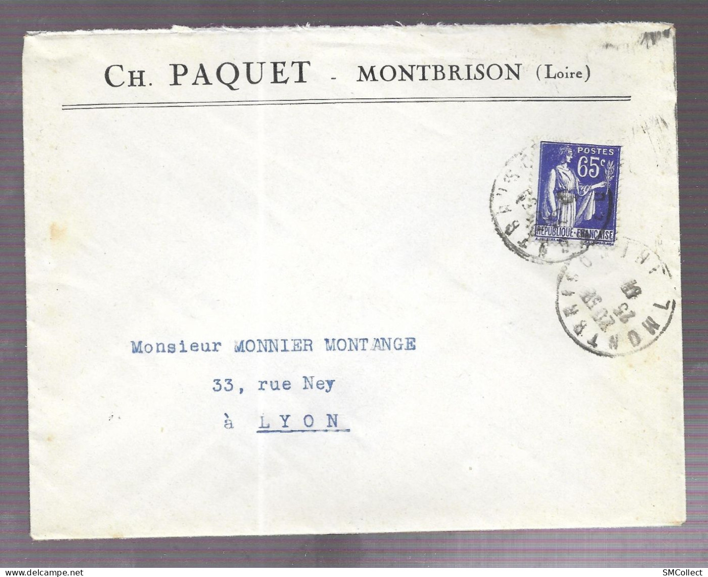 Montbrison 1937. Enveloppe à En-tête Ch. Paquet, Voyagée Vers Lyon - 1921-1960: Modern Period