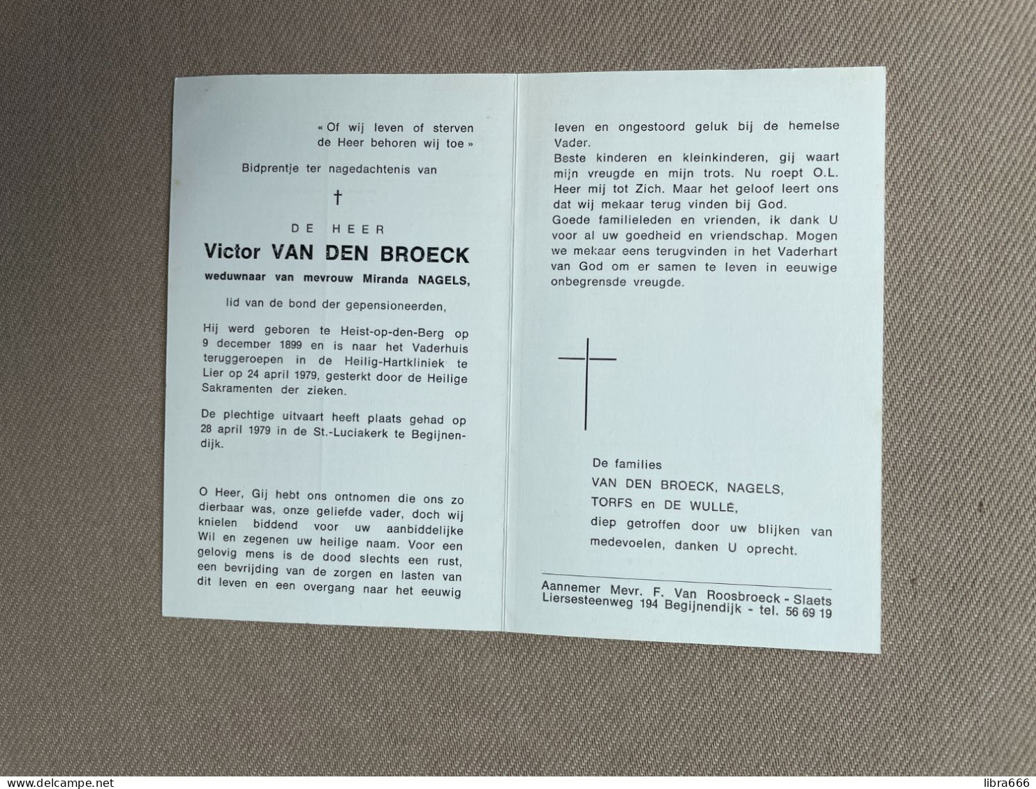 VAN DEN BROECK Victor °HEIST-OP-DEN-BERG 1899 +LIER 1979 - NAGELS - TORFS - DE WULLE - St.-Luciakerk, Begijnendijk - Esquela