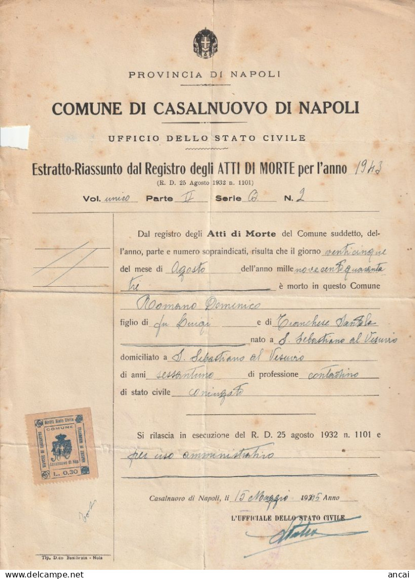 Italy. Casalnuovo Di Napoli. 1945. Marca Municipale (comunale) DIRITTI DI STATO CIVILE L. 0,30, Su Documento - Sin Clasificación