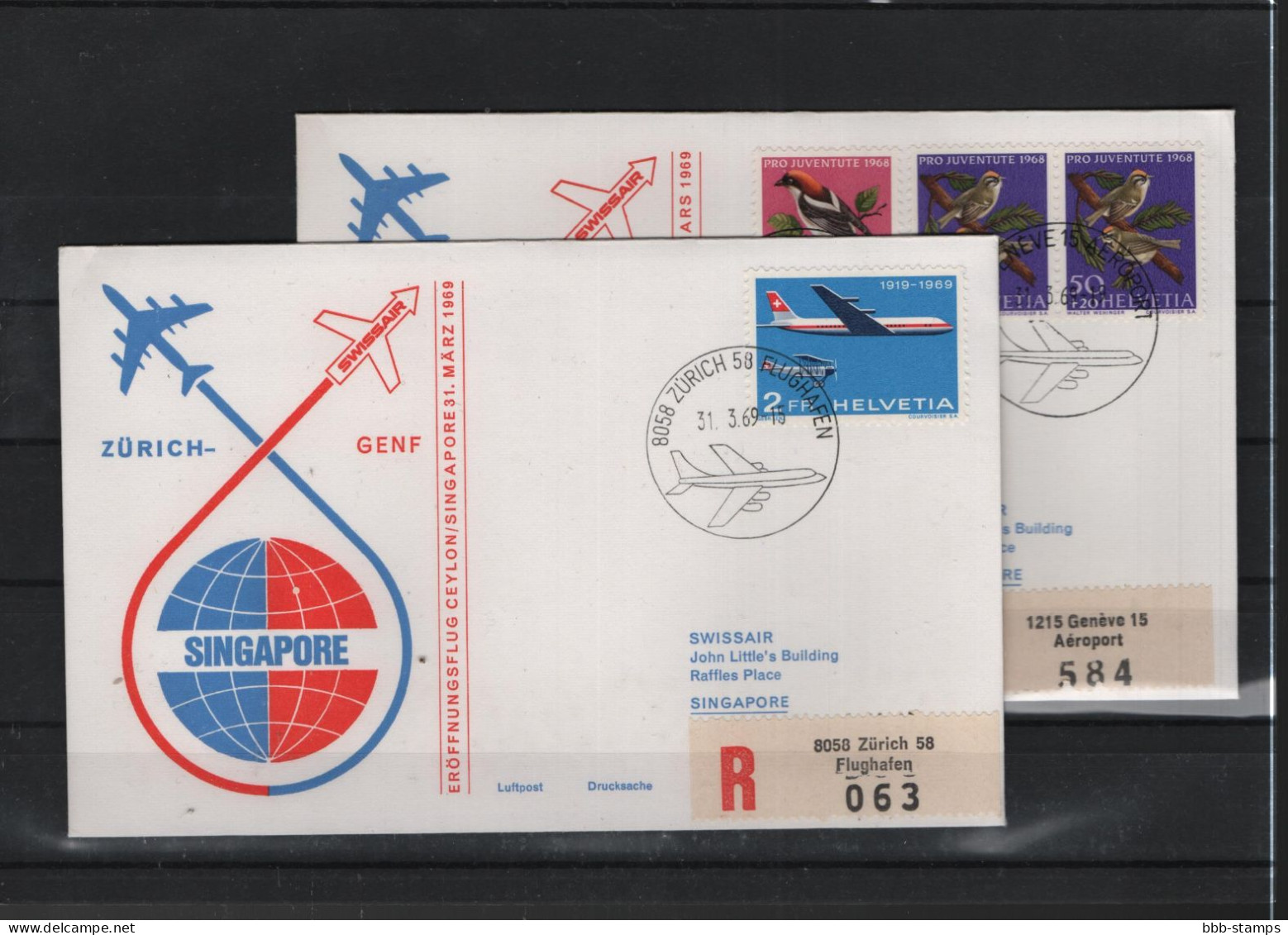 Schweiz Air Mail Swissair  FFC  31.3.1969 Zürich - Genf - Singapur VV - First Flight Covers