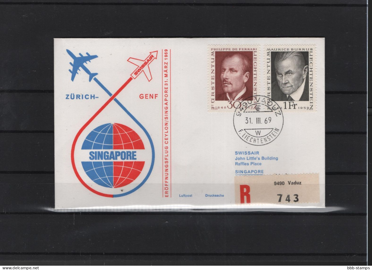 Schweiz Air Mail Swissair  FFC  31.3.1969 Zürich - Genf - Singapur VV - Erst- U. Sonderflugbriefe