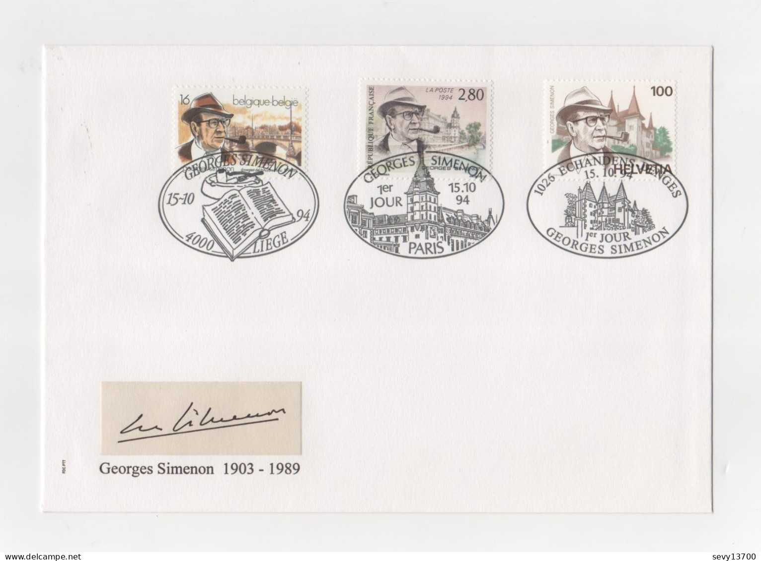 France 1994 Enveloppe émission Commune Belgique France Suisse - Georges Simenon - Foglietti Commemorativi