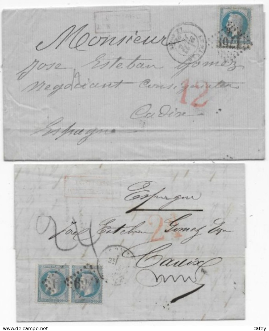 2 Lettres De France Timbre Empire N° 29  P / CADIX ESPAGNE Taxe Tampon Rouge 12 Et 24 (double Port) - 1849-1876: Période Classique