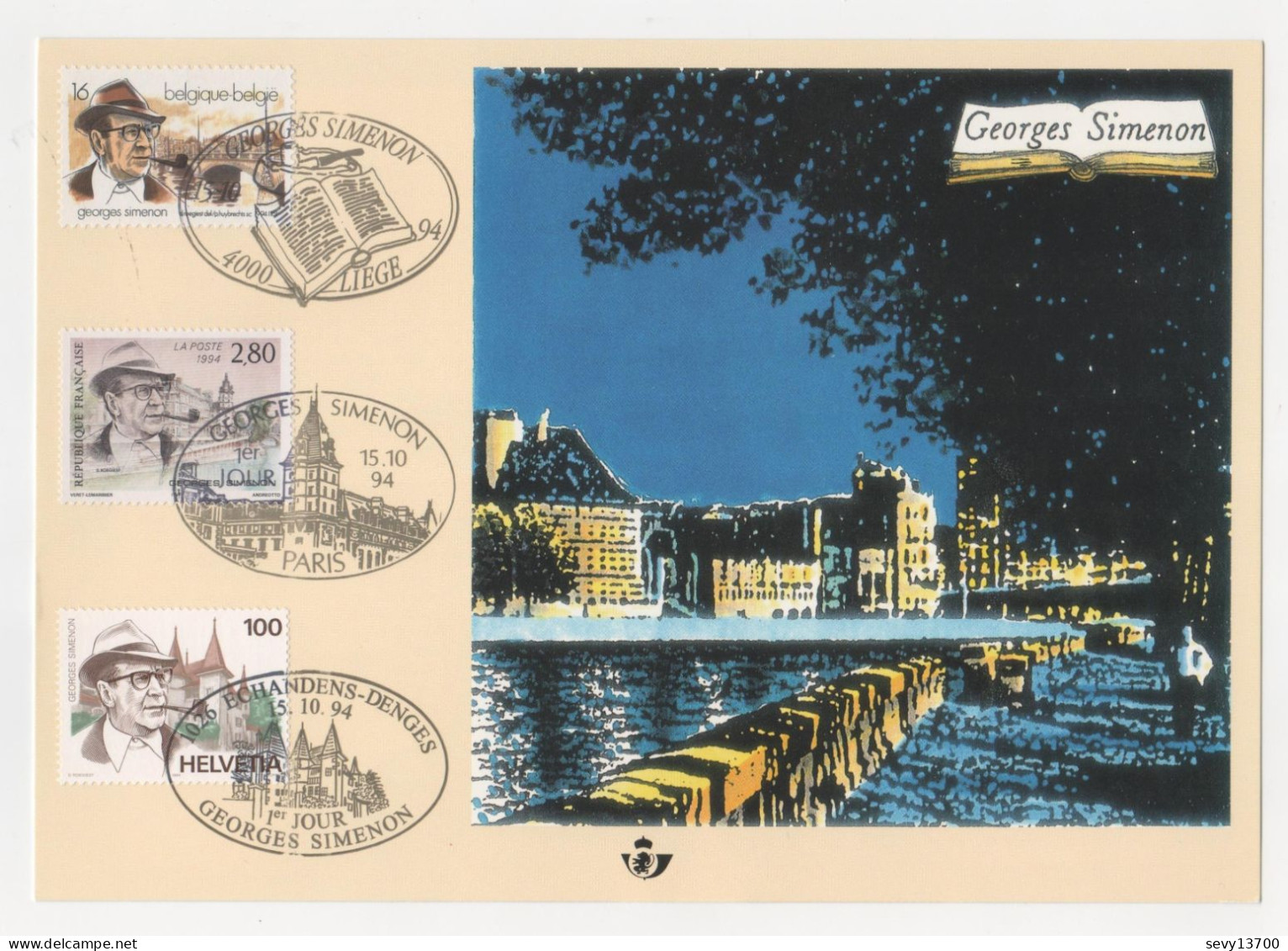 France 1994 Carte émission Commune Belgique France Suisse - Georges Simenon - Souvenir Blocks & Sheetlets