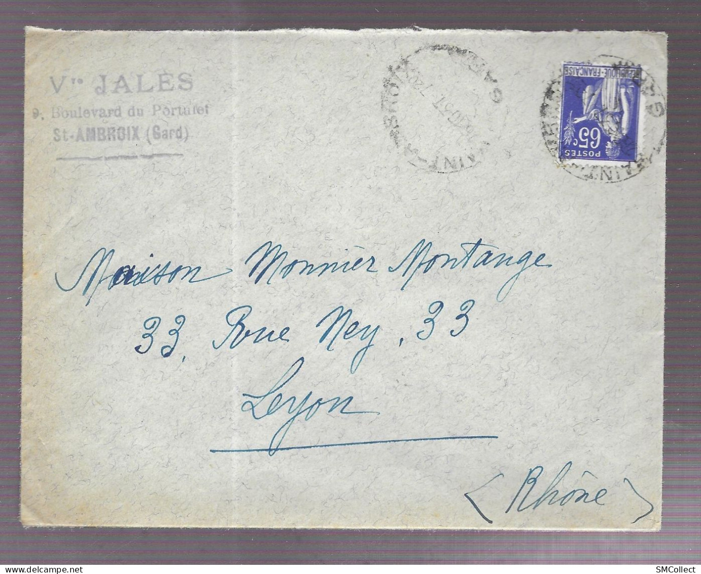 Saint Ambroix 1937. Enveloppe Cachetée Veuve Jales, Voyagée Vers Lyon - 1921-1960: Période Moderne