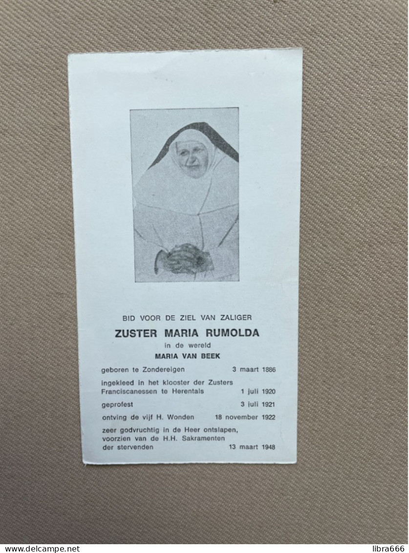 Zuster MARIA RUMOLDA - Maria VAN BEEK - °ZONDEREIGEN 1886 +(HERENTALS) 1948 - Zusters Franciscanessen, Herentals - Décès