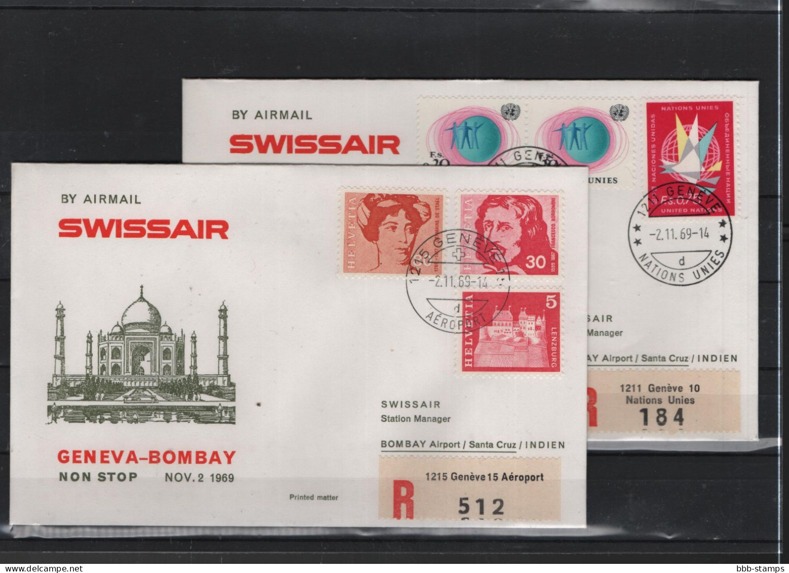 Schweiz Air Mail Swissair  FFC  2.11.1969 Genf - Bombay VV - Premiers Vols