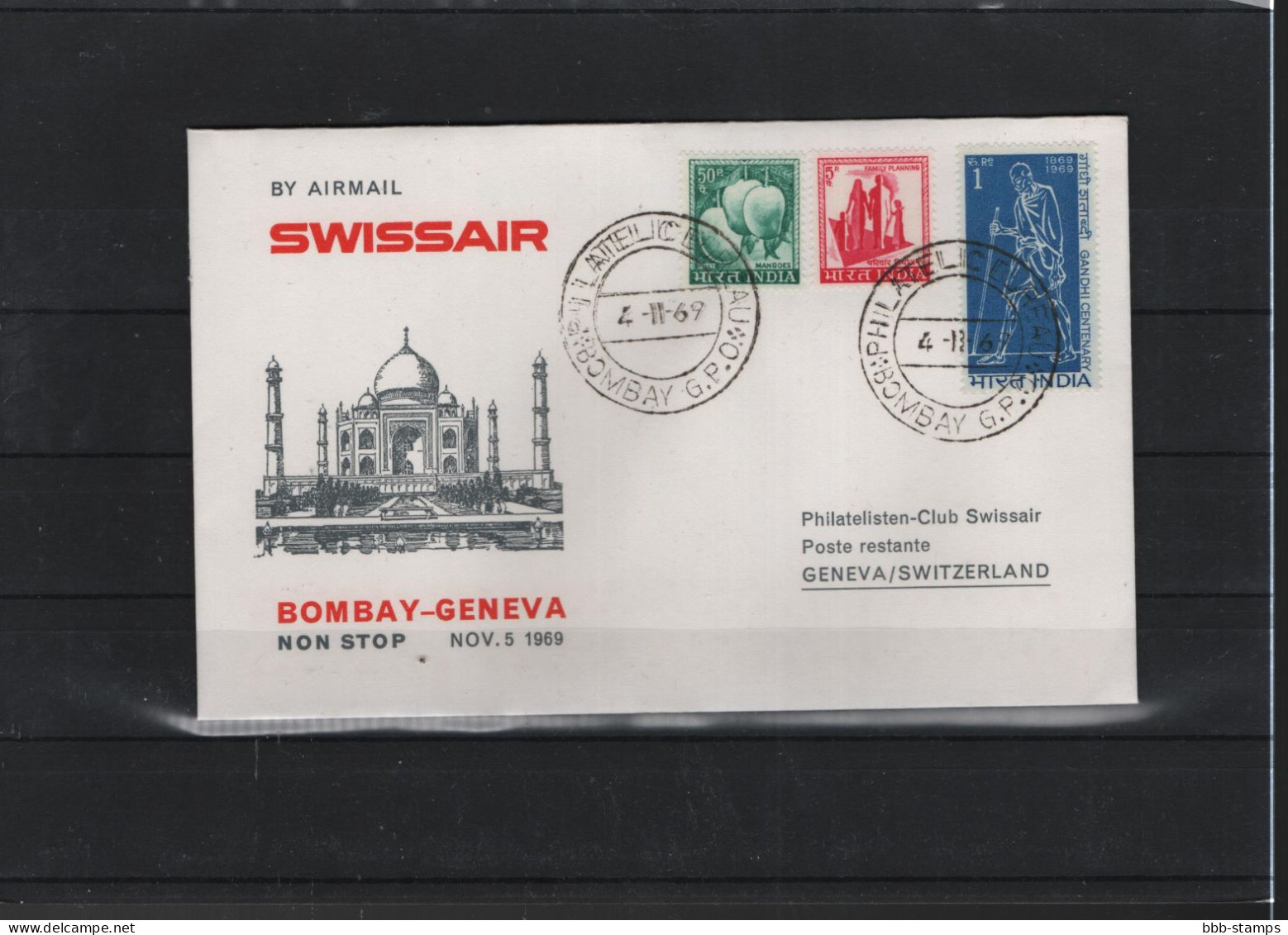 Schweiz Air Mail Swissair  FFC  2.11.1969 Genf - Bombay VV - Eerste Vluchten