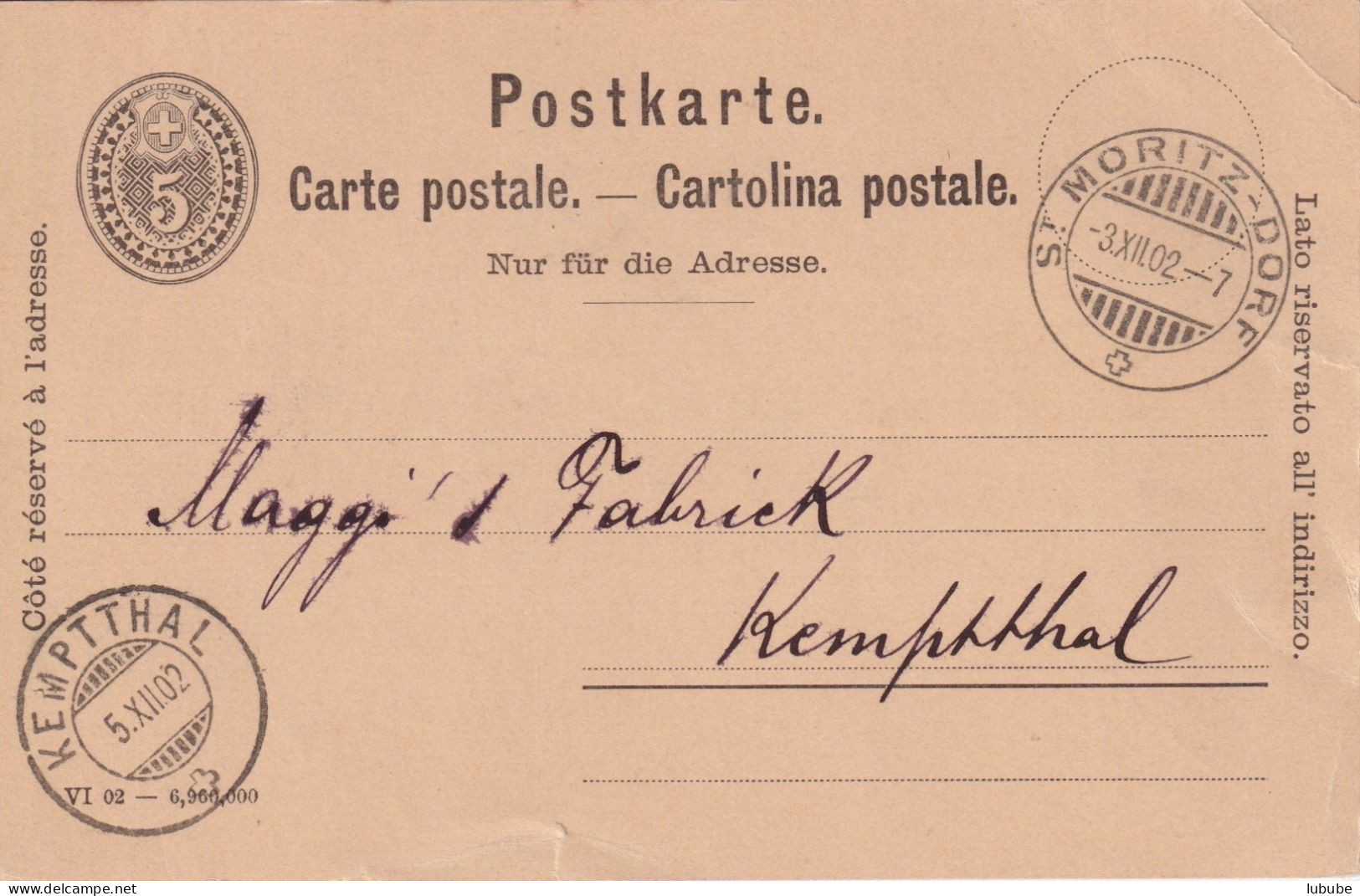 PK 26  St.Moritz-Dorf - "Maggi, Kempthal"       1902 - Enteros Postales