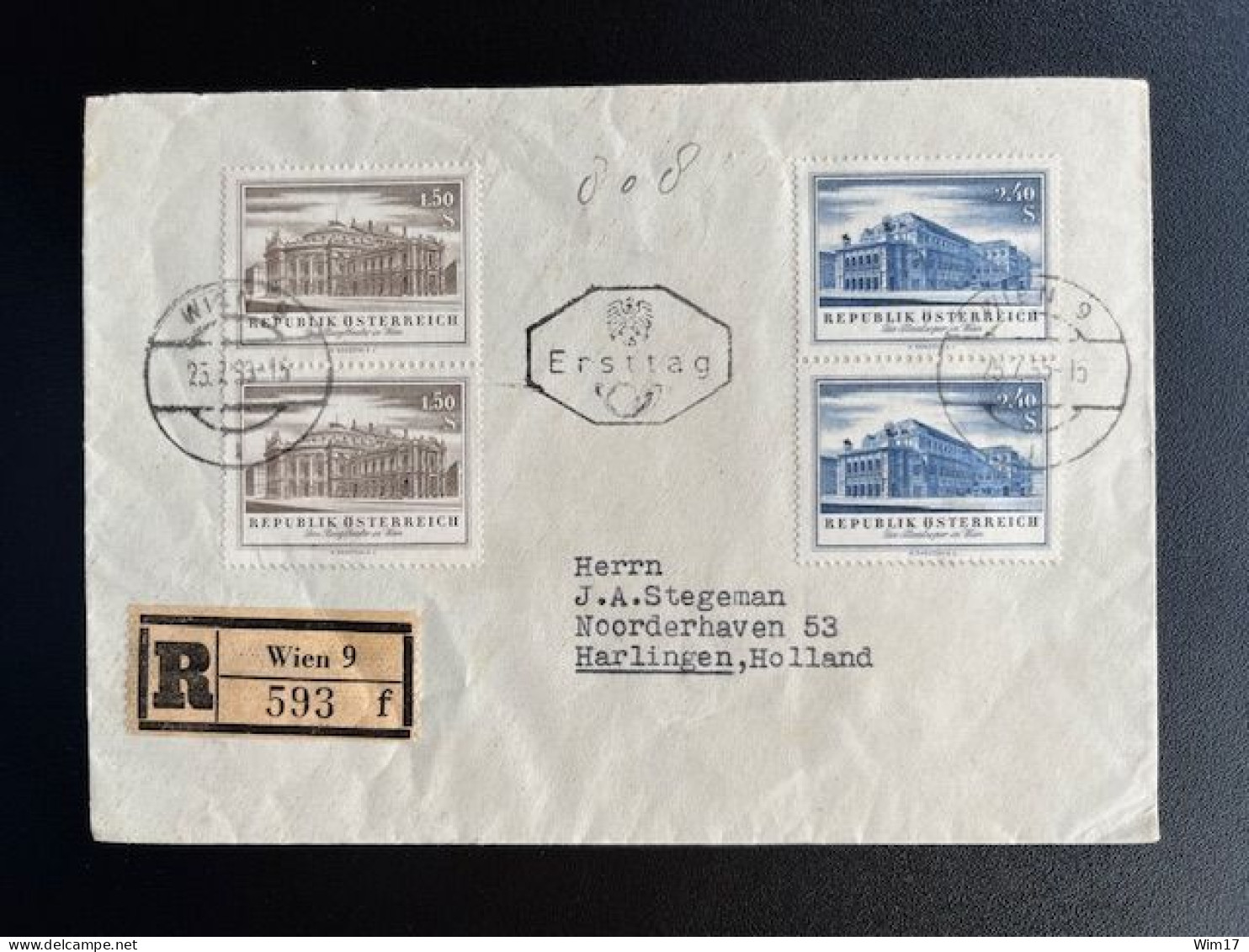 AUSTRIA 1955 REGISTERED LETTER VIENNA WIEN TO HARLINGEN 25-07-1955 OOSTENRIJK OSTERREICH EINSCHREIBEN - Cartas & Documentos