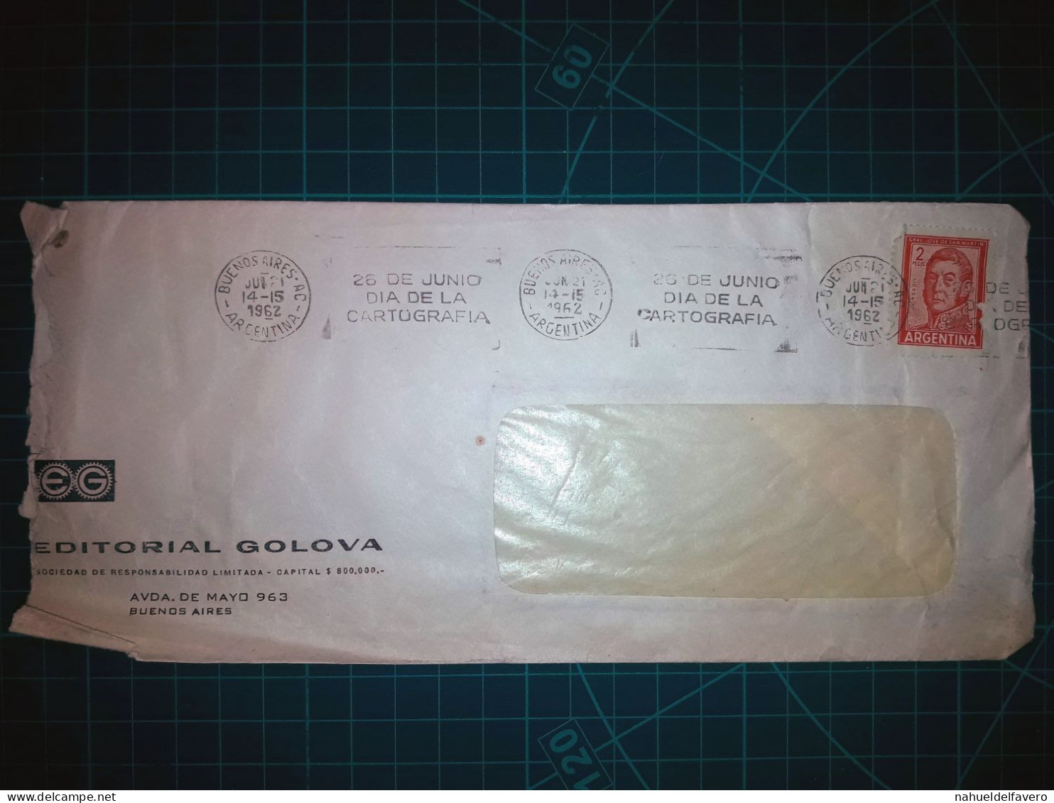 ARGENTINE, Enveloppe De "Editorial Golova" Distribuée Avec Une Banderole Parlante : "26 Juin, Journée De La Cartographie - Usados