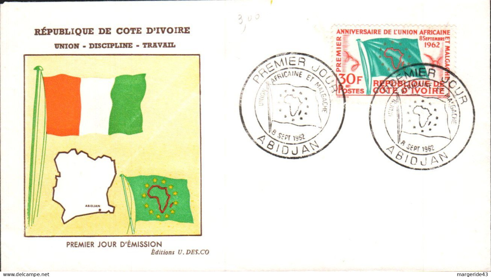 COTE D'IVOIRE FDC 1962 UNION AFRICAINE ET MALGACHE - Côte D'Ivoire (1960-...)