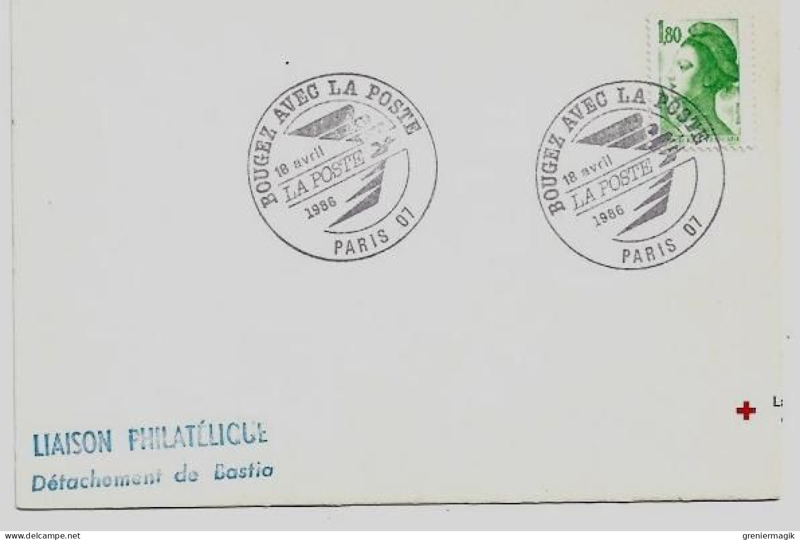 N°2375  Cachet Temporaire Bougez Avec La Poste Paris 07 18/04/1986 - Liaison Philatélique Bastia - Gandon 1,80 Vert - Aushilfsstempel