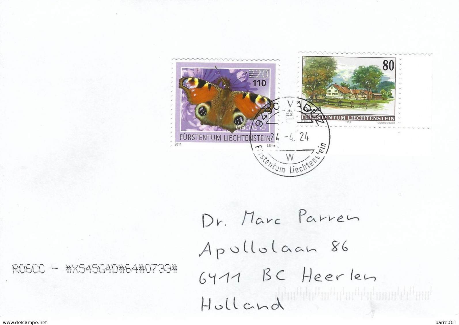 Liechtenstein 2024 Vaduz Overprint 110 On 220 Peacock Butterfly Aglais Io Farm House Cover - Covers & Documents