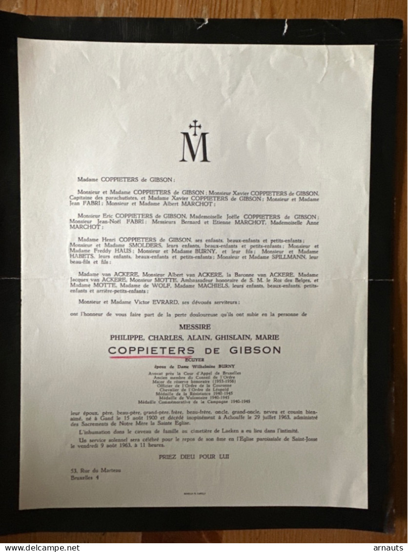 Messire Philippe Coppieters De Gibson Ecuyer Ep. Burny *1900 Gand +1963 Achouffe Fabri Marchot Smolders Haus Spillmann M - Décès