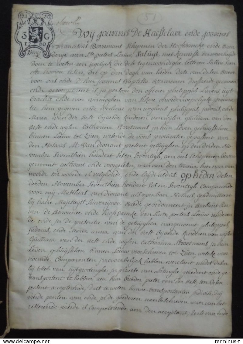 SINT-PIETERS-LEEUW. "Vercrijghbrief" Anno 1780 Op PERKAMENT - Manuscrits