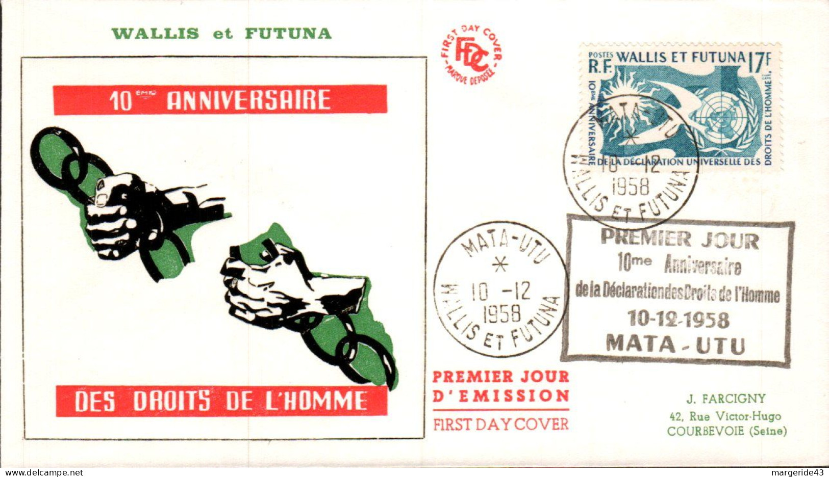 WALLIS ET FUTUNA FDC 1958 10 ANS DROITS DE L'HOMME - FDC