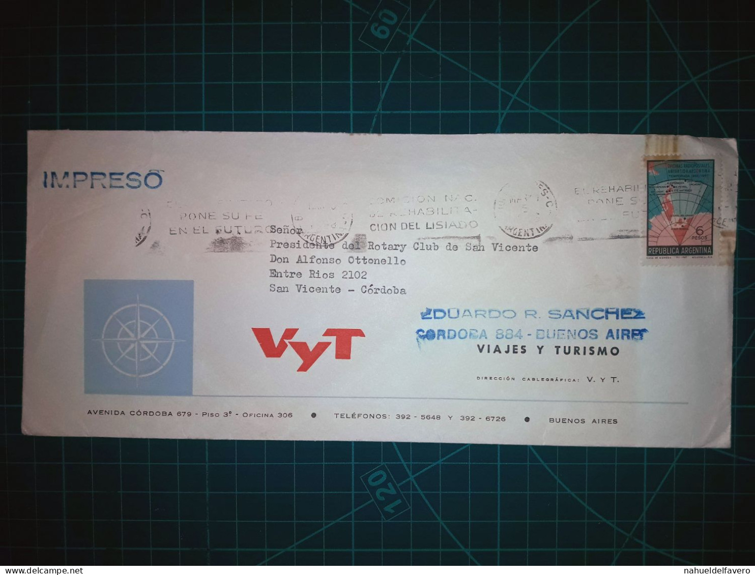 ARGENTINE, Enveloppe De "Viajes Y Turismo" Distribuée à San Vicente, Cordoba . Timbre-poste : Antartida De Argentina, Te - Usados