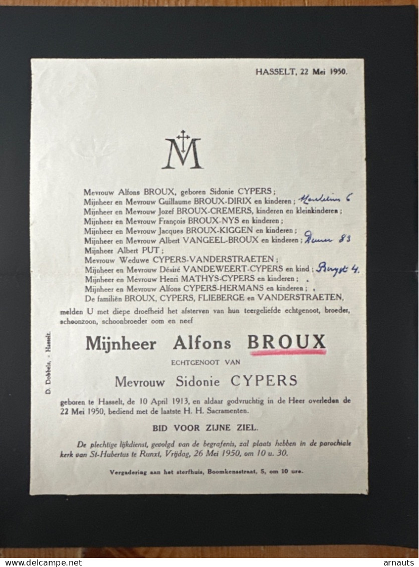 Alfons Broux Echtg Cypers Sidonie *1913 Hasselt +1950 Hasselt Runkst Vangeel Kiggen Flieberge Cremers Dirix Vanderstraet - Obituary Notices