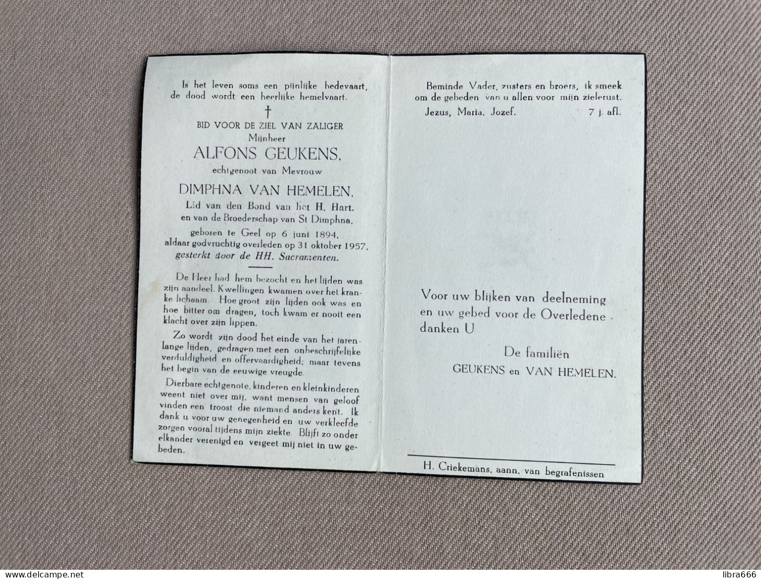 GEUKENS Alfons °GEEL 1894 +GEEL 1957 - VAN HEMELEN - Todesanzeige