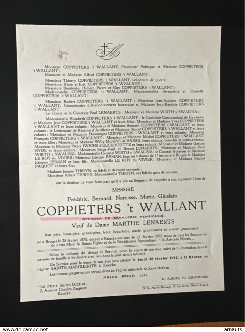 Messire Frédéric Coppieters ‘t Wallant Veuf Marthe Lenaerts *1870 Bruges +1952 Knokke-sur-Mer Zevenkerken Moens De Haese - Todesanzeige