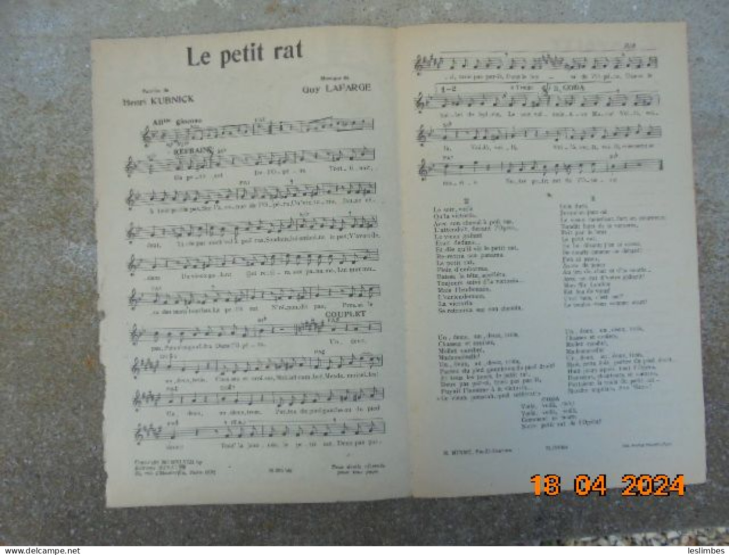 Le Petit Rat [partition] Henri Kubnick, Guy Lafarge - Royalty Editions Musicales 1948 - Partituren