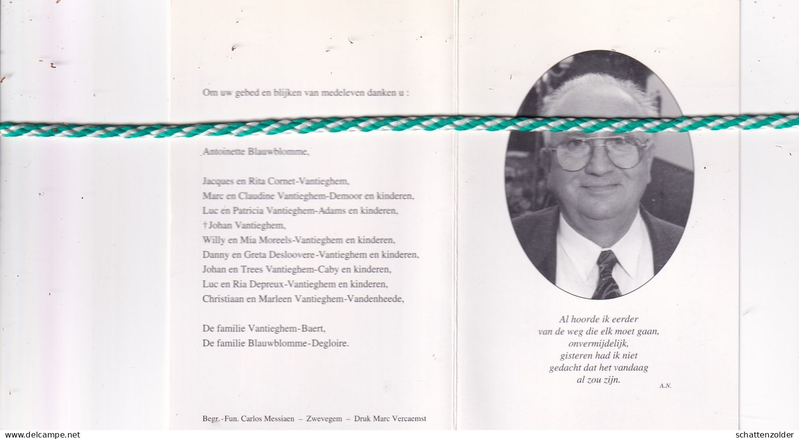 Roger Vantieghem-Blauwblomme, Otegem 1926, Zwevegem 1996. Foto - Obituary Notices