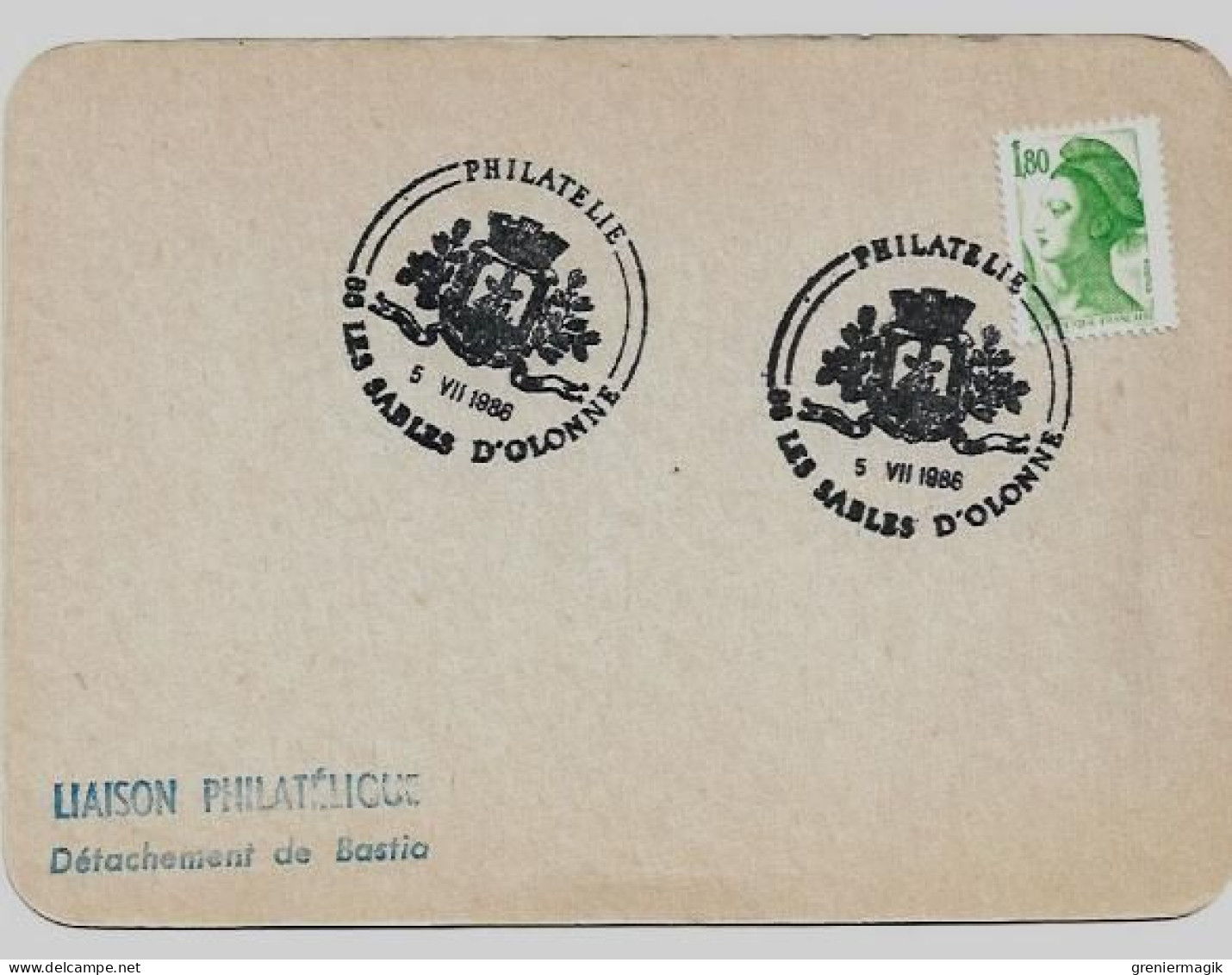 N°2375  Cachet Temporaire Philatélie 85 Les Sables D'Olonne 5 VII 1986 - Liaison Philatélique Bastia - Gandon 1,80 Vert - Temporary Postmarks