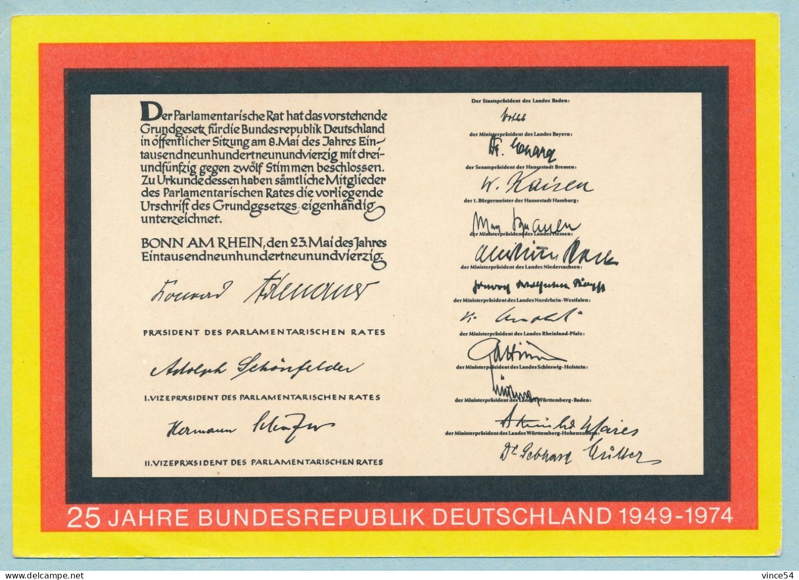 25 Jahre Bundesrepublik Deutschland 1919-1974 - Grundgesetz Für Die Bundesrepublik Bonn A. Rhein 23 Mai 1949 - Sonstige & Ohne Zuordnung