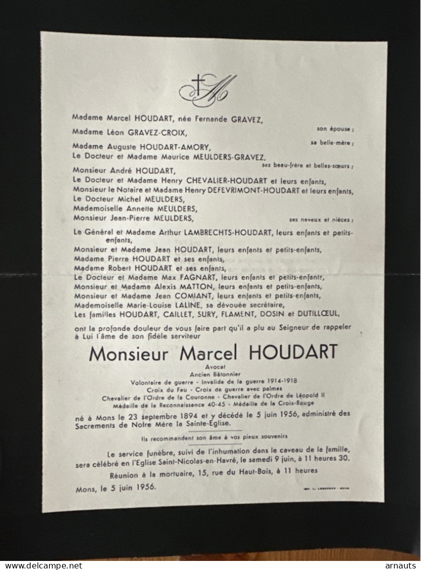 Marcel Houdart Batonnier *1894 Mons +1956 Mons Havre Ep, Gravez Amory Chevalier Matton Dosin Dutilloel Laline Fagnart - Todesanzeige