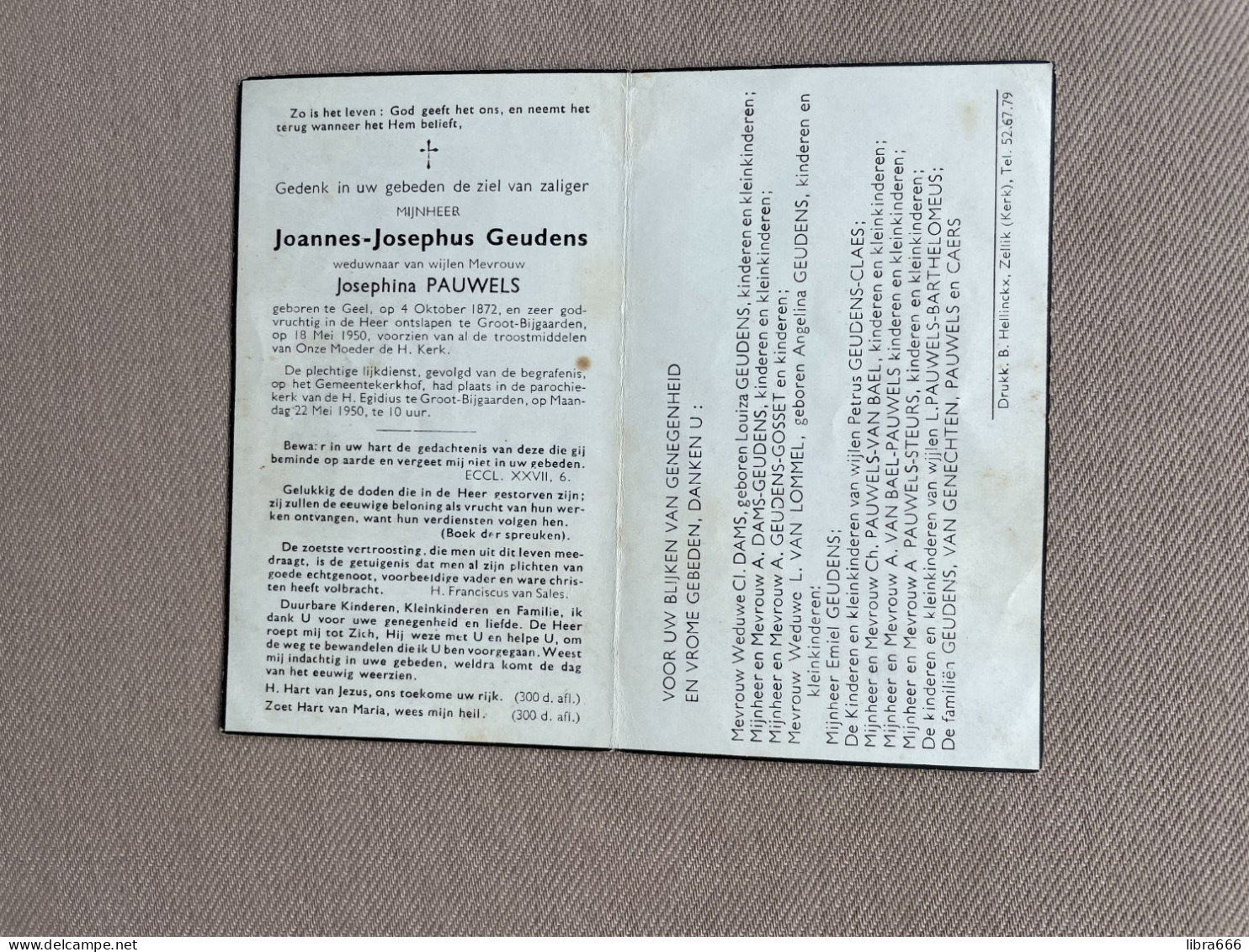 GEUDENS Joannes Josephus °GEEL 1872 +GROOT-BIJGAARDEN 1950  PAUWELS - VAN GENECHTEN - CAERS - DAMS - GOSSET - VAN LOMMEL - Obituary Notices