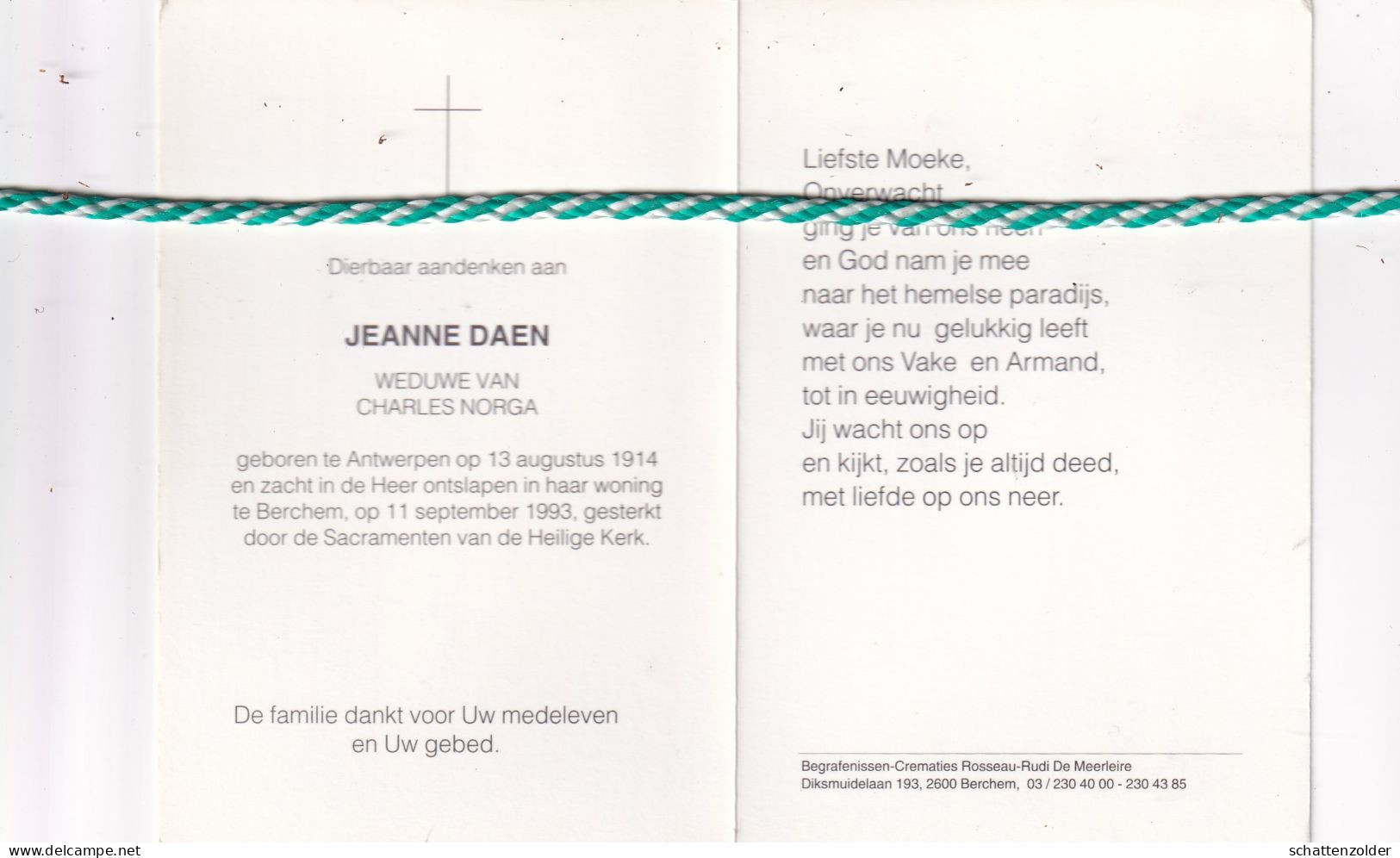 Jeanne Daen-Norga, Antwerpen 1914, Berchem 1993. Foto - Todesanzeige