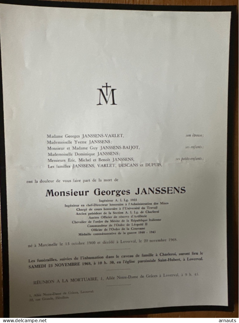 Monsieur Georges Janssens Ingenieur Mines *1900 Marcinelle +1968 Loveral Charleroi Hevillers Varlet Baijot Descans Dupui - Obituary Notices