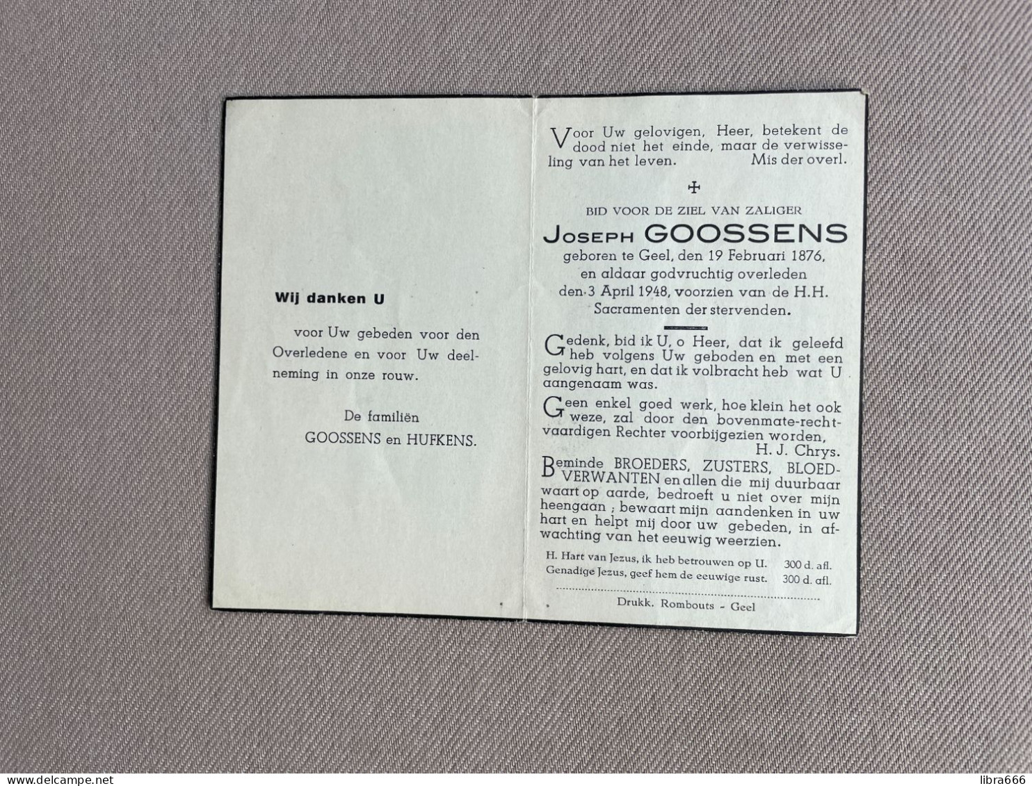 GOOSSENS Joseph °GEEL 1876 +GEEL 1948 - HUFKENS - Obituary Notices