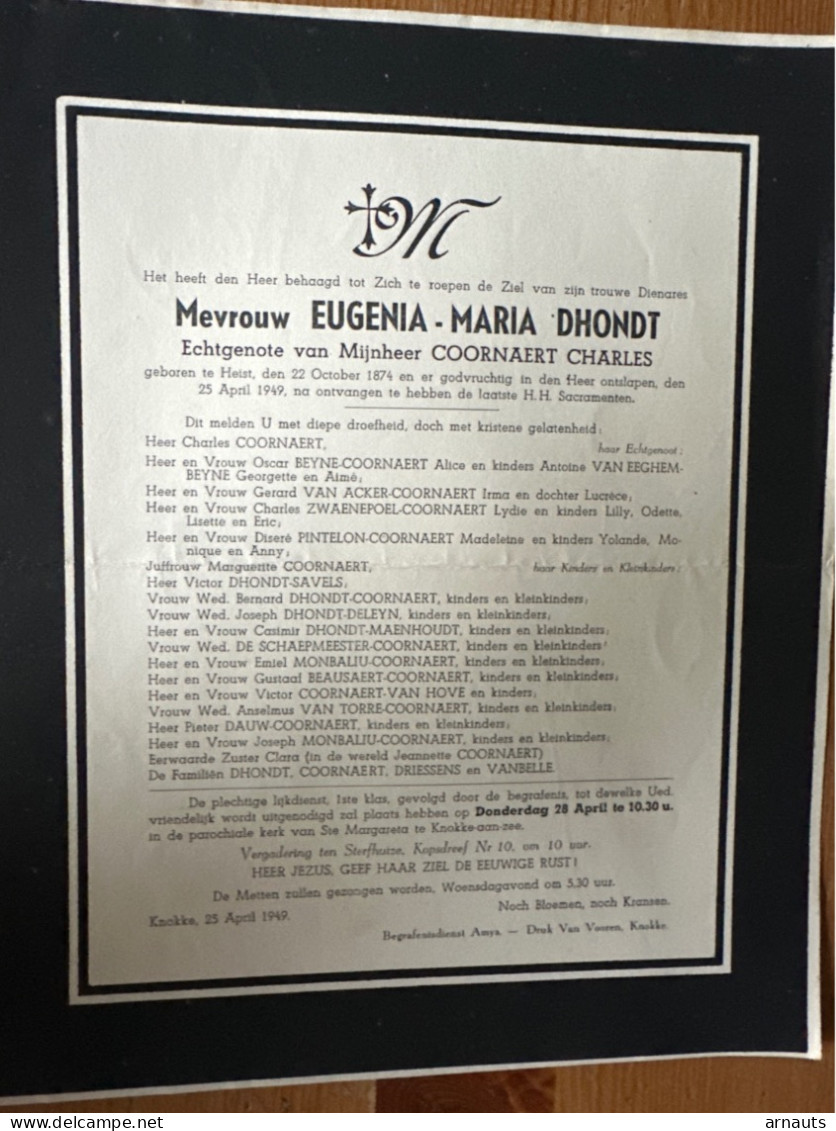 Eugenia Dhondt Echtg Coornaert Charles *1874 Heist +1949 Heist Knokke Aan Zee Beyne Zwaenepoel Pintelon Van Acker Deleyn - Obituary Notices