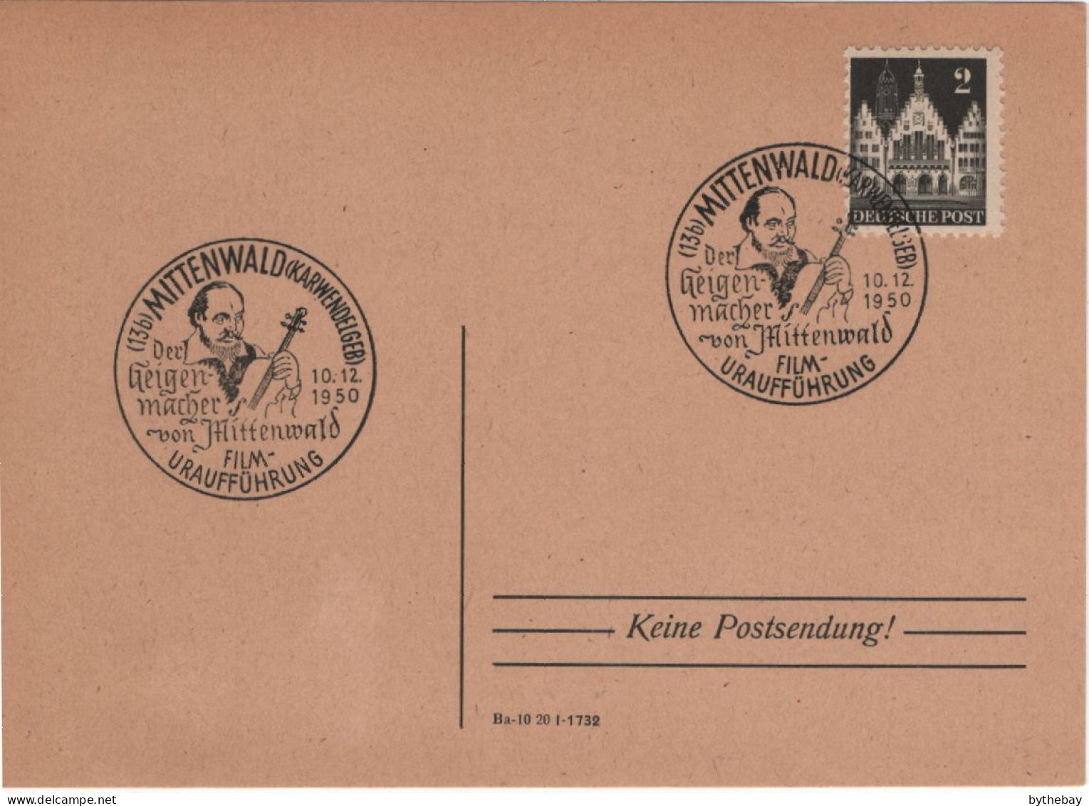 Germany 1950 Card Sc 634 2pf Frankfurt Town Hall Special Cancel Mittenwald - Cartas & Documentos