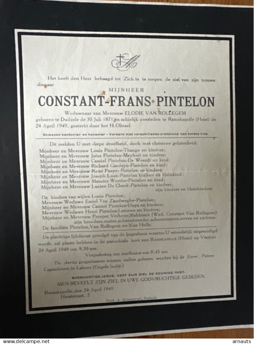Constant Pintelon Wed Van Rollegem *1871 Dudzele +1949 Ramskapelle Heist Gardeyn Paeye Westijn De Clerck Van Zandweghe - Todesanzeige