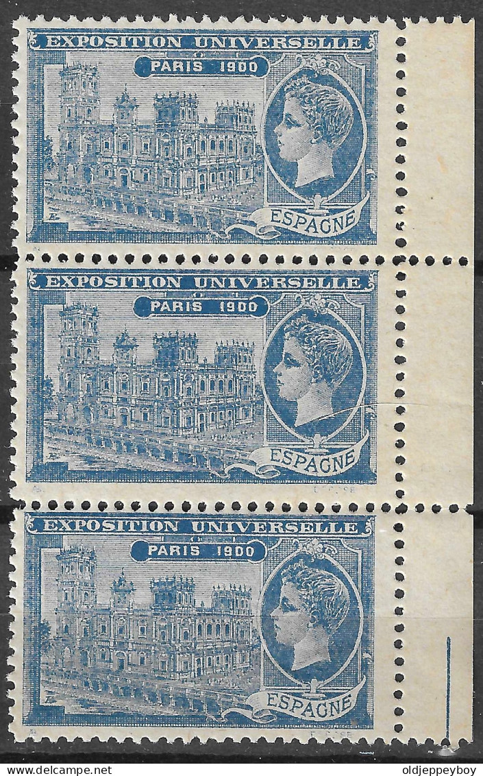 FRANCE ERINOPHILIE Fair EXPOSITION UNIVERSELLE 1900 PARIS ESPAGNE SPAIN BLOCK OF 3 Vignette CINDERELLA MNH** - 1900 – Pariis (France)