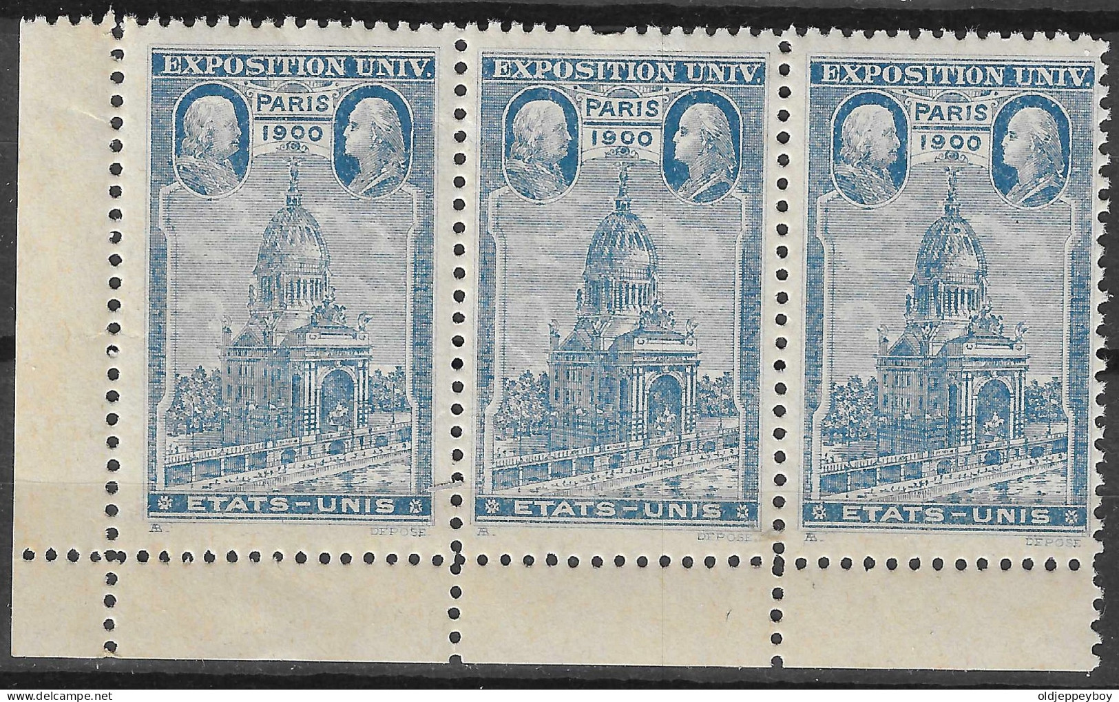 FRANCE ERINOPHILIE Fair EXPOSITION UNIVERSELLE 1900 PARIS ETATS-UNIS USA BLOCK OF 3 Vignette CINDERELLA MNH** - 1900 – París (Francia)