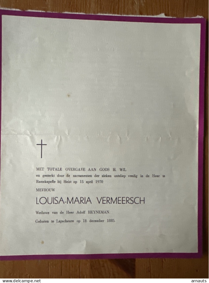Louisa-Maria Vermeersch Wed Heyneman *1885 Lapscheure +1970 Ramskapelle Heist Rotsaert Roofthooft - Todesanzeige