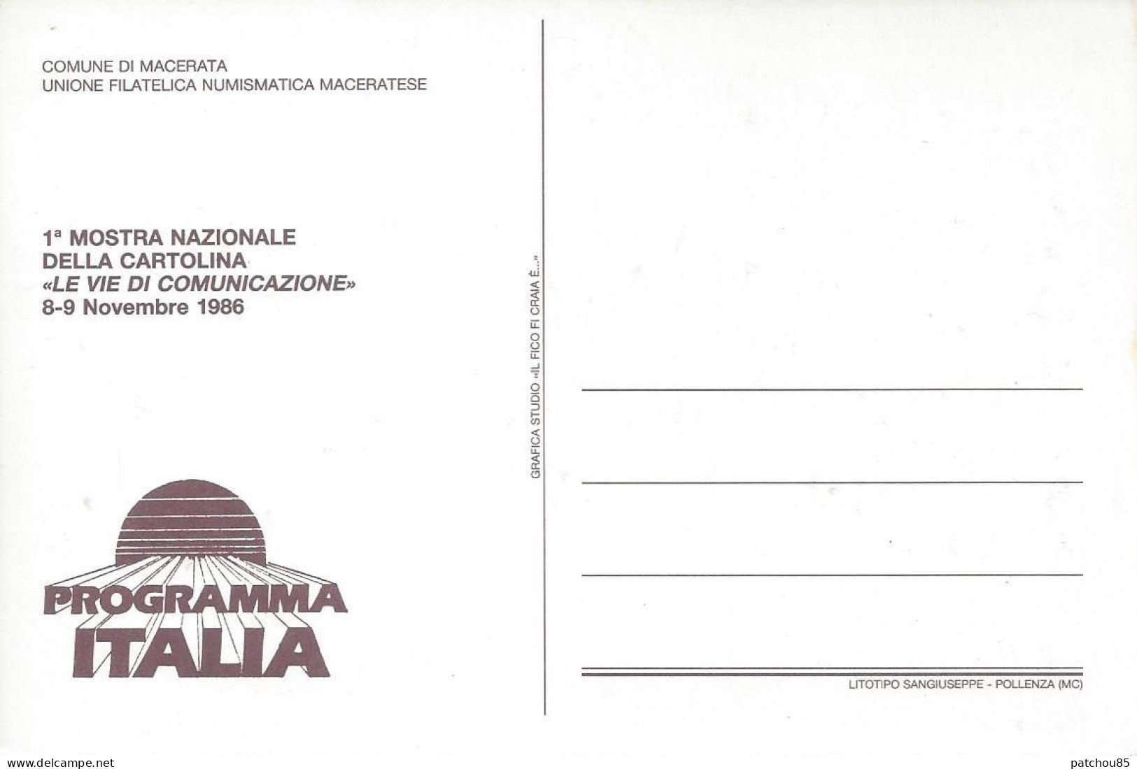 CP Italie  Marche    Comune Di Macerata Unione Filatelica Numismatica Maceratese 1986 - Macerata