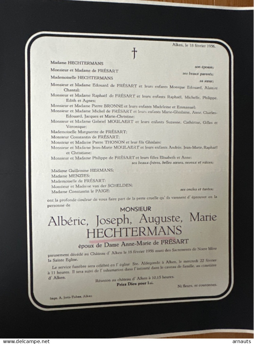 Monsieur Alberic Hechtermans Epoux De Fresart Anne-Marie * Hasselt +1956 Chateau D’Alken Bronne Moulaert Thonon Menzies - Todesanzeige