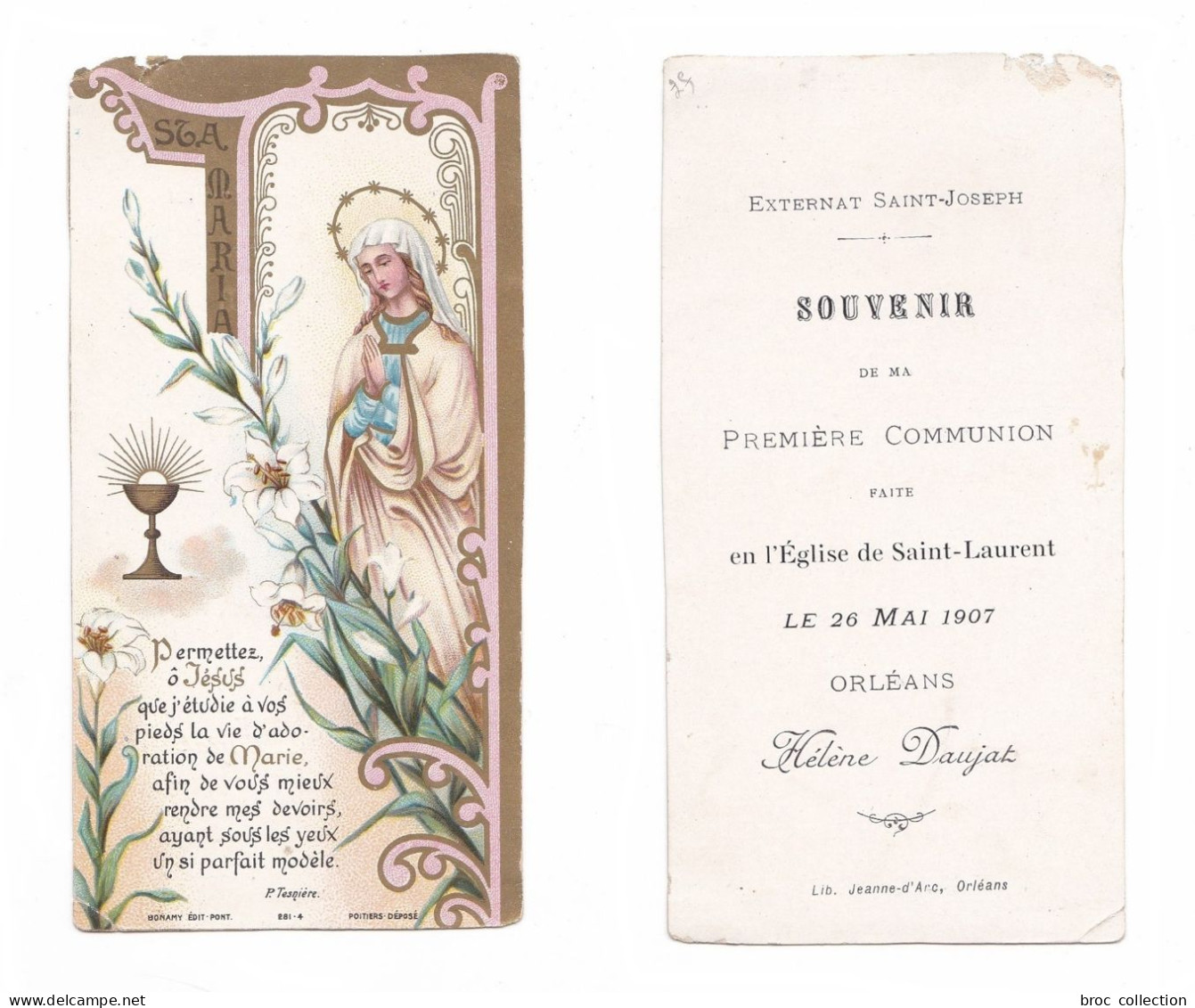 Orléans, 1re Communion D'Hélène Daujat, 1907, église Saint Laurent, Vierge Marie Et Lys, Cit. P. Tesnière, Bonamy 281-4 - Andachtsbilder