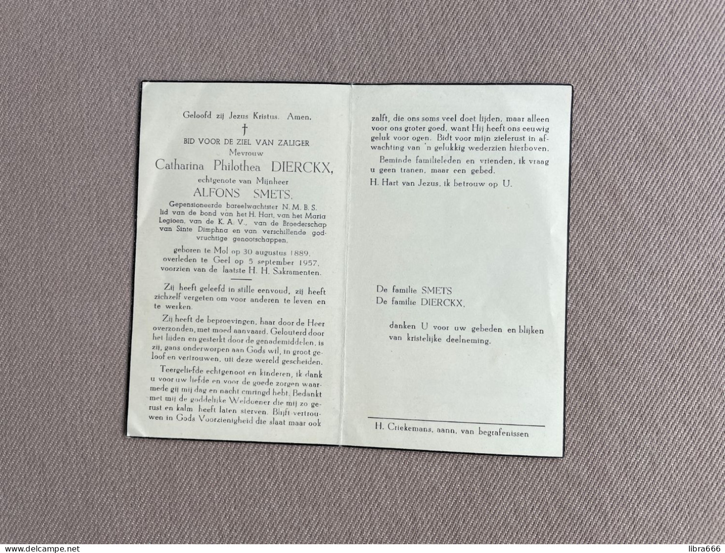 DIERCKX Catharina Philothea °MOL 1889 +GEEL 1957 - SMETS - Gepensioneerde Bareelwachter N.M.B.S. - Obituary Notices