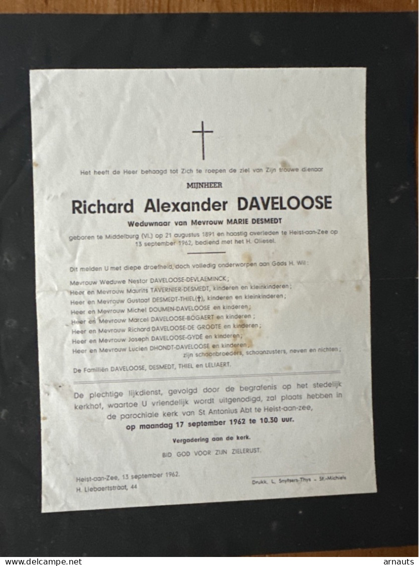 Richard Alexander Daveloose Wed Desmedt Marie *1891 Middelburg +1962 Heist-aan-Zee Leliaert Thiel Tavernier Doumen Gyde - Esquela