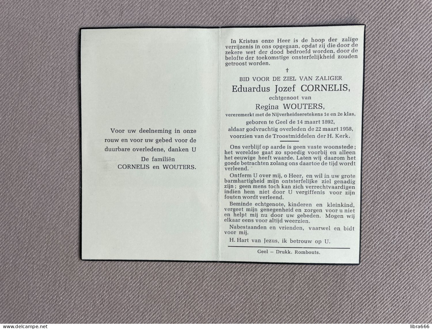 CORNELIS Eduardus Jozef °GEEL 1892 +GEEL 1958 - WOUTERS - Décès