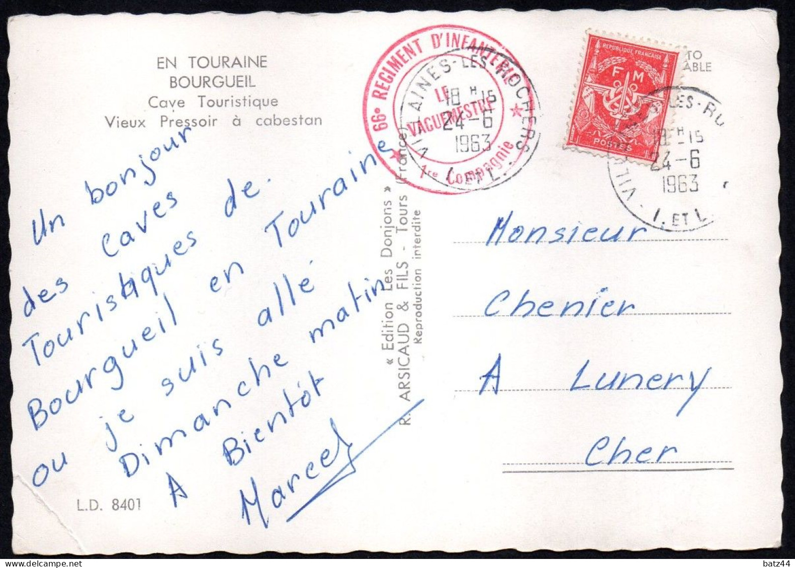 N° 12 FM Sur CPM Cave Pressoir Bourgueil Annulation Vilaines Les Rochers 1963 Cachet Vaguemestre 66ème RI 1re Compagnie - Military Postage Stamps
