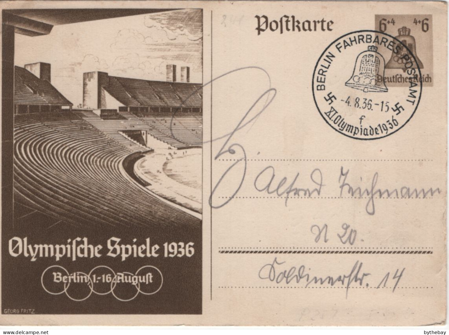 Germany 1936 Postal Stationery Post Card 1936 Olympics MiNr P 257 Bell Cancel - Tarjetas